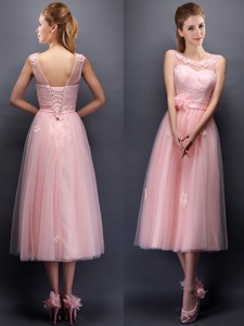 Lovely And Applique Scoop Dama Dress In Baby Pink