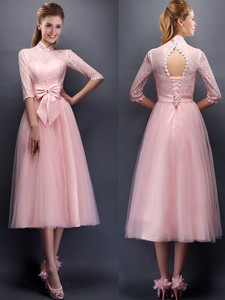 Luxurious Laced High Neck Half Sleeves Dama Dress With Bowknot
