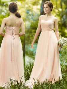 See Through One Shoulder Peach Dama Dress In Floor Length