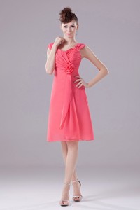 Ruched And Hand Made Flower Knee-length Straps Chiffon Watermelon Dama Dress
