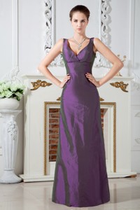 Purple Column V-neck Ruch Dama Dress Floor-length Taffeta