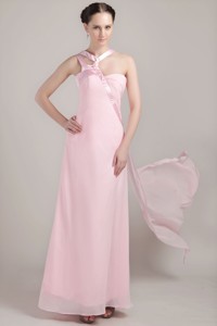 Baby Pink Empire Asymmetrical Ankle-length Chiffon Dama Dress