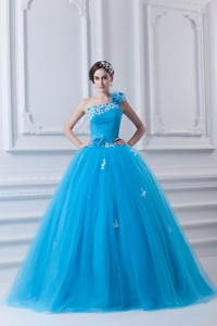 Princess One Shoulder Appliques Sky Blue Quinceanera Dress