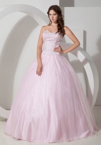 Baby Pink Ball Gown Sweetheart Floor-length Tulle Beading Quinceanera Dress