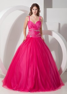 Hot Pink Ball Gown Spaghetti Straps Floor-length Tulle Beading Quinceanera Dress