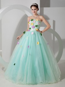 Apple Green Strapless Floor-length Organza Hand Made Flowers Prom Dress