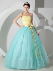 Aqua Blue and Yellow Ball Gown Strapless Floor-length Organza Sash and Ruch Quinceanea Dress