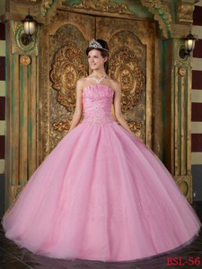 Rose Pink Ball Gown Strapless Floor-length Appliques Tulle Quinceanera Dress