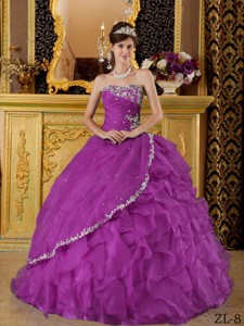 Purple Ball Gown Strapless Floor-length Organza Appliques Bule Quinceanera Dress