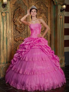 Hot Pink Ball Gown Sweetheart Floor-length Taffeta and Tulle Lace Appliques Quinceanera Dress