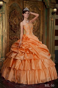 Orange Ball Gown Strapless Floor-length Organza Beading Quinceanera Dress