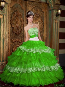 Spring Green Ball Gown Strapless Floor-length Organza and Zebra Ruffles Quinceanera Dress