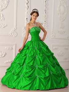 Green Ball Gown Strapless Floor-length Taffeta Appliques and Beading Quinceanera Dress