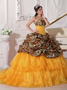Orange Ball Gown Sweetheart Sweep / Brush Train Leopard and Organza Appliques Quinceanera Dress
