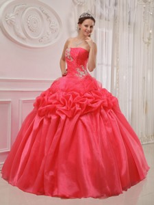 Red Ball Gown Strapless Floor-length Organza and Taffeta Ruch and Beading Quinceanera Dress