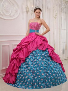Coral Red and Blue Ball Gown Strapless Floor-length Beading Quinceanera Dress