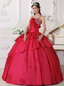 Coral Red Ball Gown Straps Floor-length Taffeta Beading Quinceanera Dress