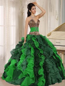 Wholesale Multi-color Quinceanera Dress V-neck Ruffles With Leopard And Beading