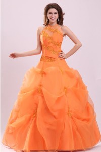 Orange Halter Top Neck Appliques With Beading Quinceanera Dress
