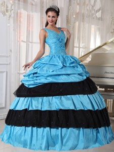 Light Blue and Black Ball Gown V-neck Floor-length Taffeta Beading Quinceanera Dress