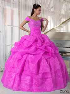 Hot Pink Ball Gown Off The Shoulder Floor-length Taffeta and Organza Beading Quinceanera Dress