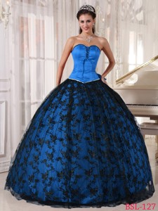 Sweetheart Blue and Black Floor-length Tulle and Taffeta Lace Quinceanera Dress