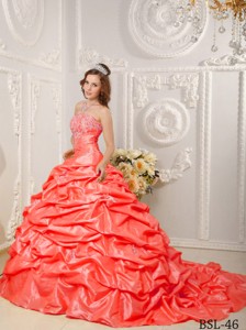 Orange Red Ball Gown Strapless Court Train Taffeta Appliques and Beading Quinceanera Dress