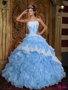 Aqua Blue Ball Gown Strapless Floor-length Ruffles Organza Quinceanera Dress