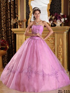 Pink Ball Gown Strapless Floor-length Appliques Tulle Quinceanera Dress