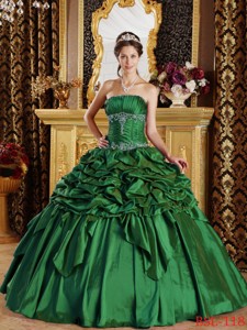 Green Ball Gown Strapless Floor-length Pick-ups Taffeta Quinceanera Dress