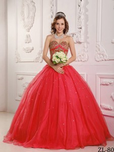Coral Red Princess Sweetheart Floor-length Satin And Organza Beading Quinceanera Dress