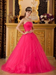 Hot Pink Princess Strapless Floor-length Tulle Appliques Quinceanera Dress