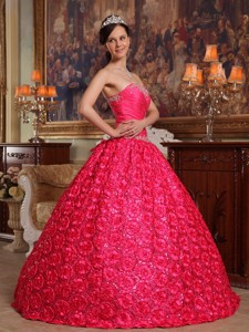 Coral Red Ball Gown Strapless Floor-length Fabric With Roling Flowers Appliques Quinceanera Dress