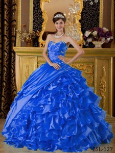 Blue Ball Gown Sweetheart Floor-length Taffeta and Organza Appliques Quinceanera Dress