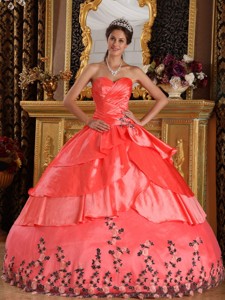 Watermelon Red Ball Gown Sweetheart Floor-length Taffeta Appliques Quinceanera Dress