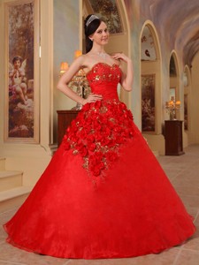 Red Ball Gown Sweetheart Floor-length Organza Handle Flowers Quinceanera Dress