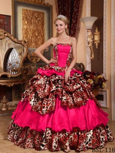 Coral Red Ball Gown Strapless Floor-length Taffeta and Leopard Pick-ups Quinceanera Dress