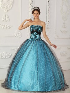 Black and Blue Ball Gown Strapless Floor-length Taffeta and Tulle Beading and Appliques Quinceanera