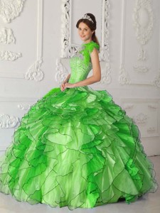 Green Ball Gown Strapless Floor-length Satin and Organza Beading Quinceanera Dress
