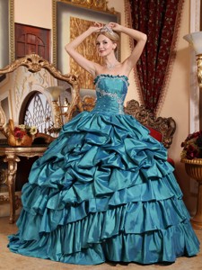 Teal Ball Gown Strapless Floor-length Taffeta Appliques and Pick-ups Prom Dress