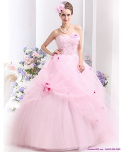 Fashionable Baby Pink Sweet Sixteen Dress With Hand Made Flowers
