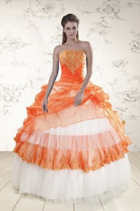 Perfect Strapless Appliques And Beaded Quinceanera Dress In Orange