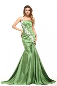 Mermaid One Shoulder Olive Green Evening Dress With White Appliques