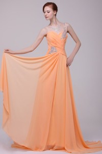 One Shoulder Chiffon Empire Rhinestone Decorate Evening Dress In Orange