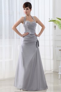 Halter Top Silver Evening Dress With Beading And Ruching