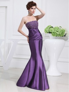 Strapless Floor-length Beading Taffeta Eggplant Purple Evening Dress