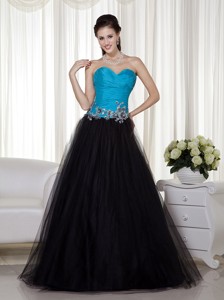 Blue And Black Sweetheart Floor-length Taffeta And Tulle Appliques Evening Dress