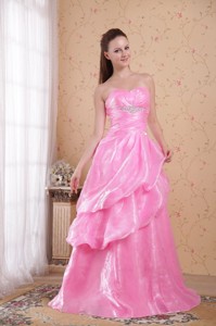 Rose Pink Princess Sweetheart Brush Train Organza Beading And Ruch Prom Celebrity Dress