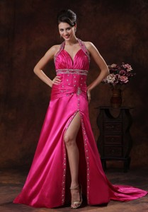 High Slit Hot Pink Evening Dress With Halter Beaded Decorate In Orange Beach Alabama
