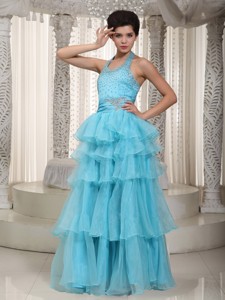 Aqua Blue Empire Halter Floor-length Organza Beading Prom / Evening Dress